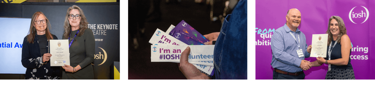 Three photographs from IOSH volunteering events: attendees networking at an exhibition, a person holding IOSH volunteer promotional cards, and a speaker standing at an IOSH exhibition stand.
