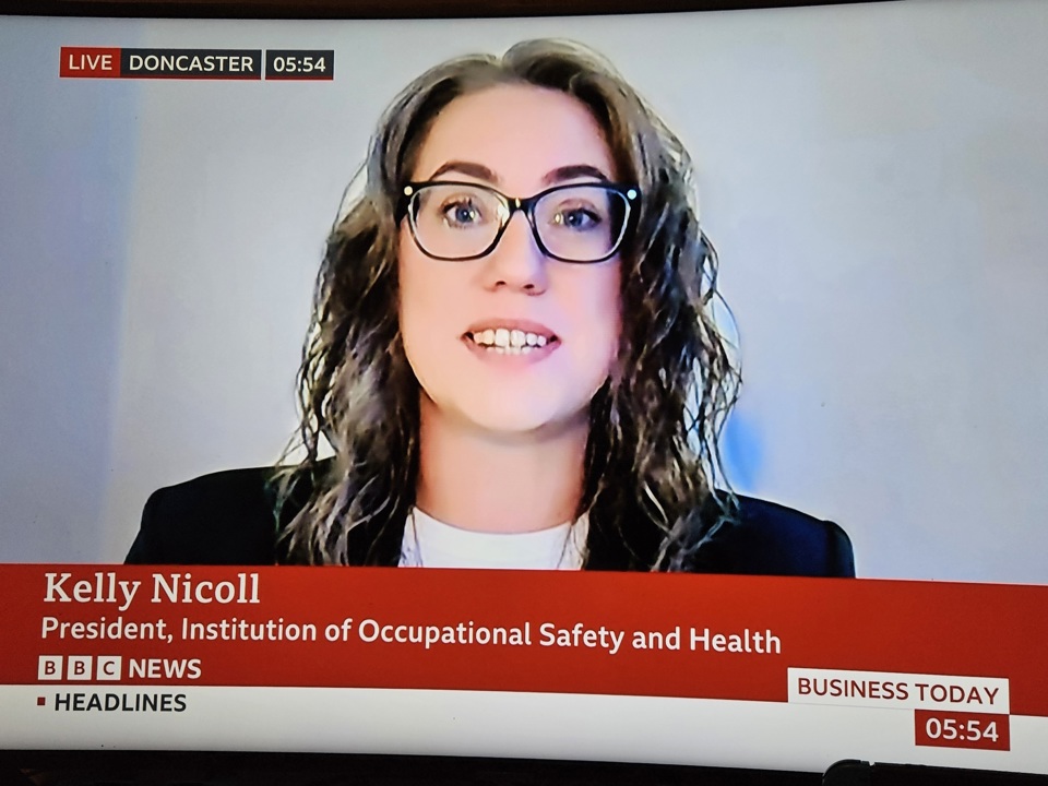 Former IOSH President, Kelly Nicoll, speaking on screen during a BBC News interview