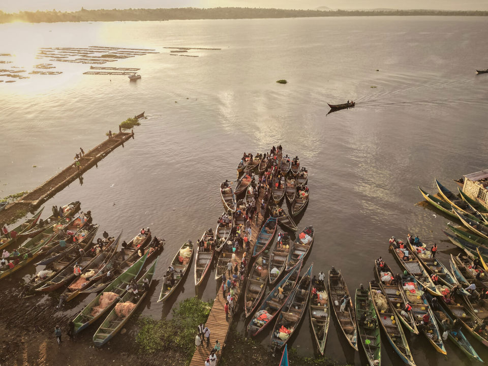 Aerial view of fishing boats on shore of Kenyan lake