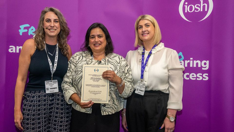 Denise Testa receives her Certified Member certificate from IOSH President Kelly Nicoll and Kirsty Dickens