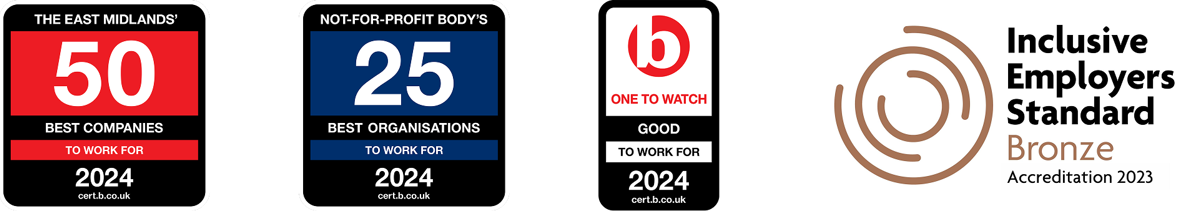 Four award badges for workplace excellence and inclusion from 2023–2024.