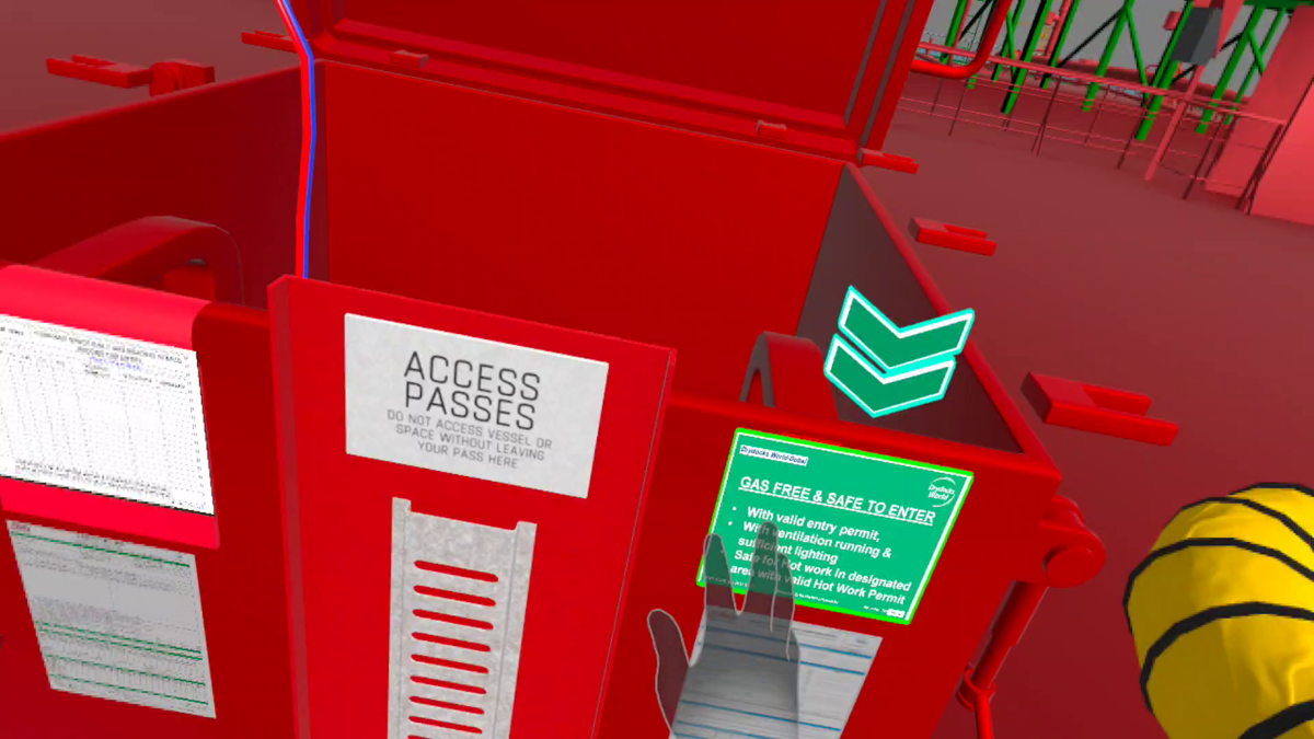VR training interface showing a red access box with panels labeled “ACCESS PASSES” and “GAS FREE & SAFE TO ENTER.” A virtual hand interacts with the box, and a green arrow indicates the next step.