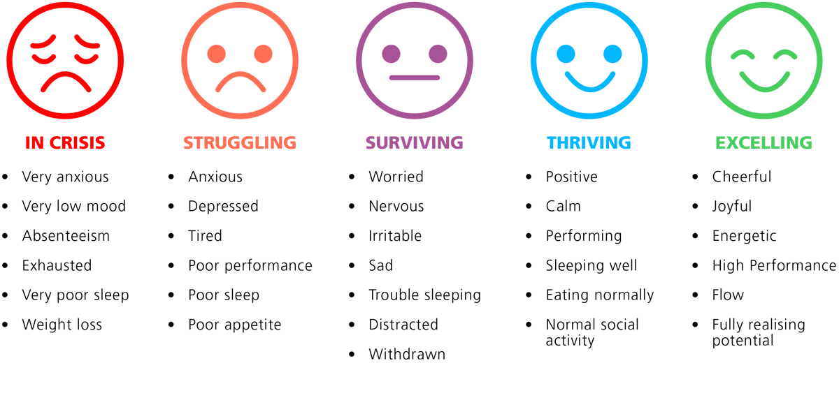 A five‑stage mental health continuum showing: In Crisis, Struggling, Surviving, Thriving and Excelling, each with example behaviours listed beneath.