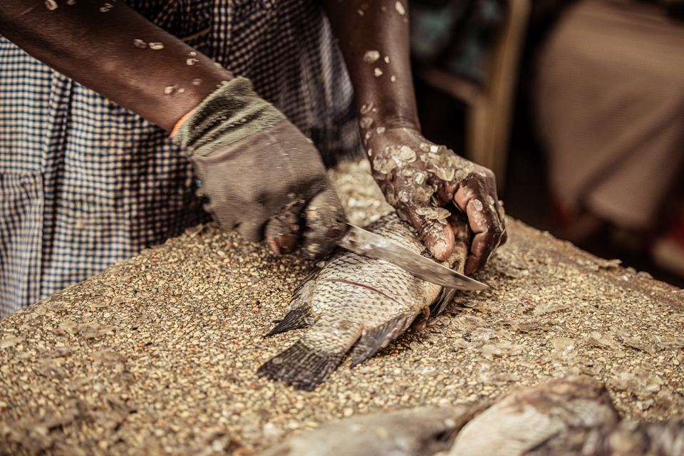 Close-up of the hands of a fishmonger woman preparing fish