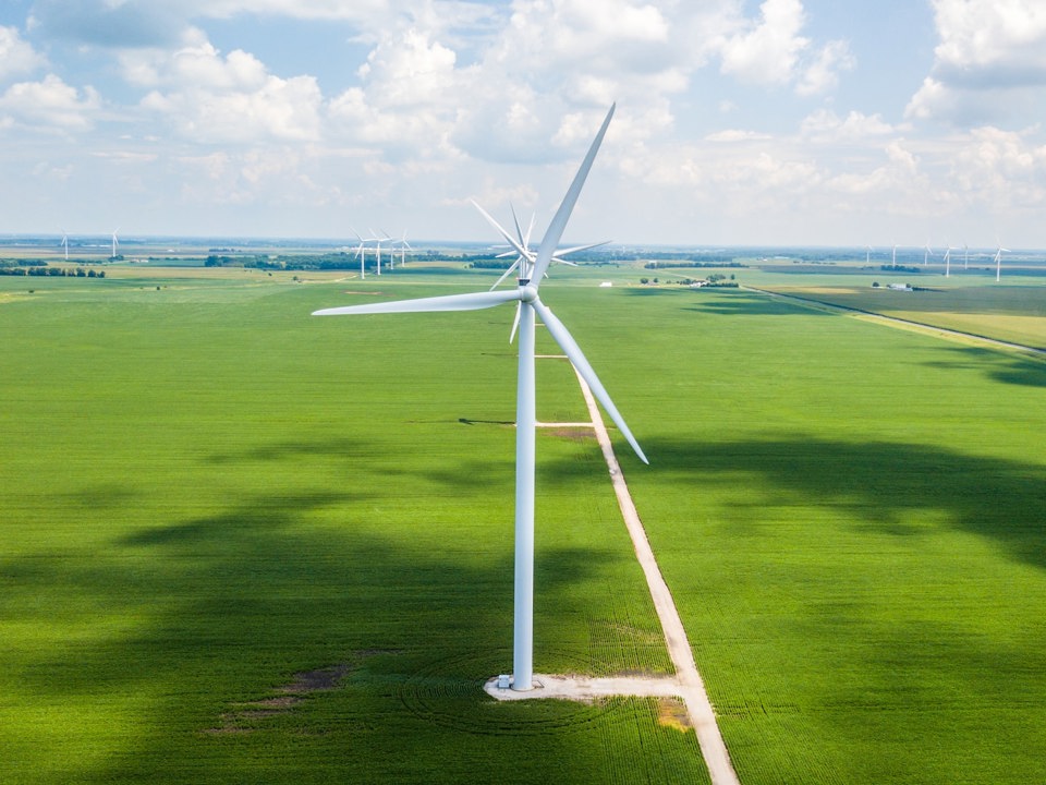 wind powered turbine in a green meadow